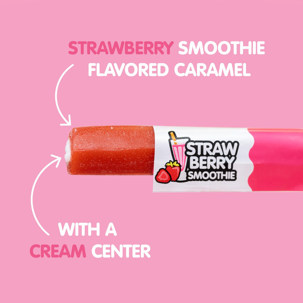 Goetze's candy cross section revealing strawberry cream center and creamy taste