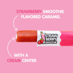 Goetze's candy cross section revealing strawberry cream center and creamy taste