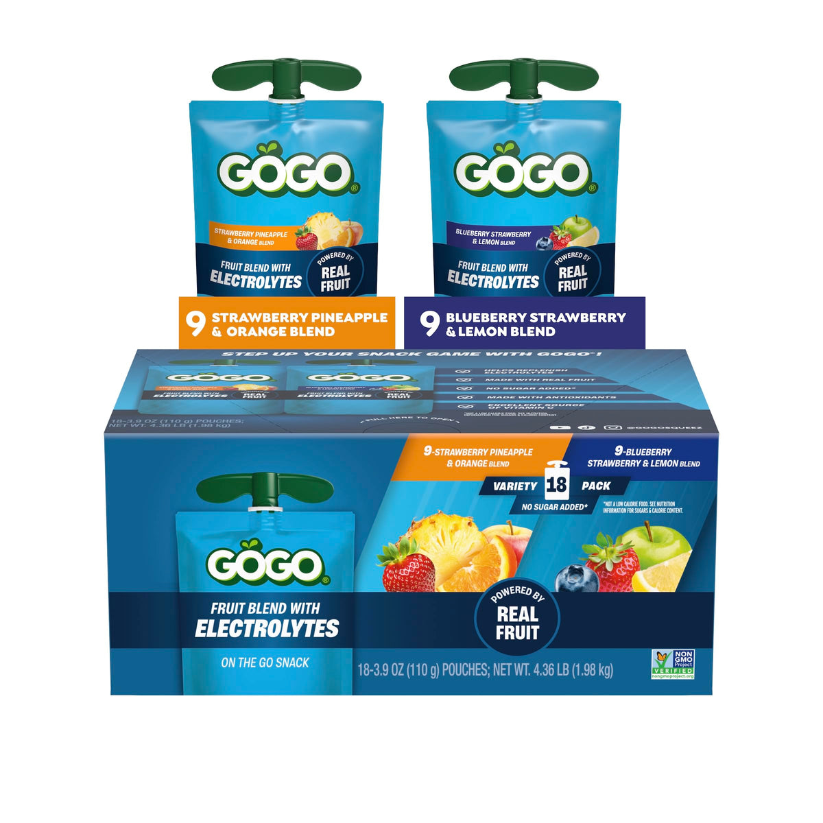 GoGo SqueeZ front packaging showing variety pack and convenient snack