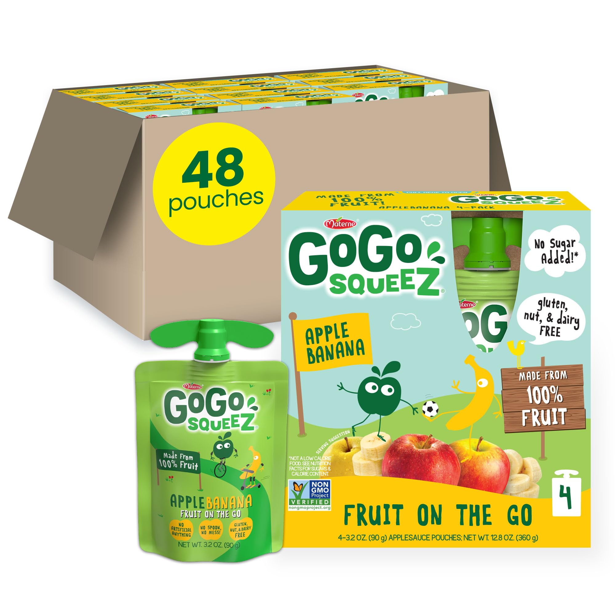 GoGo squeeZ front packaging showing apple banana pouches for quick snacks