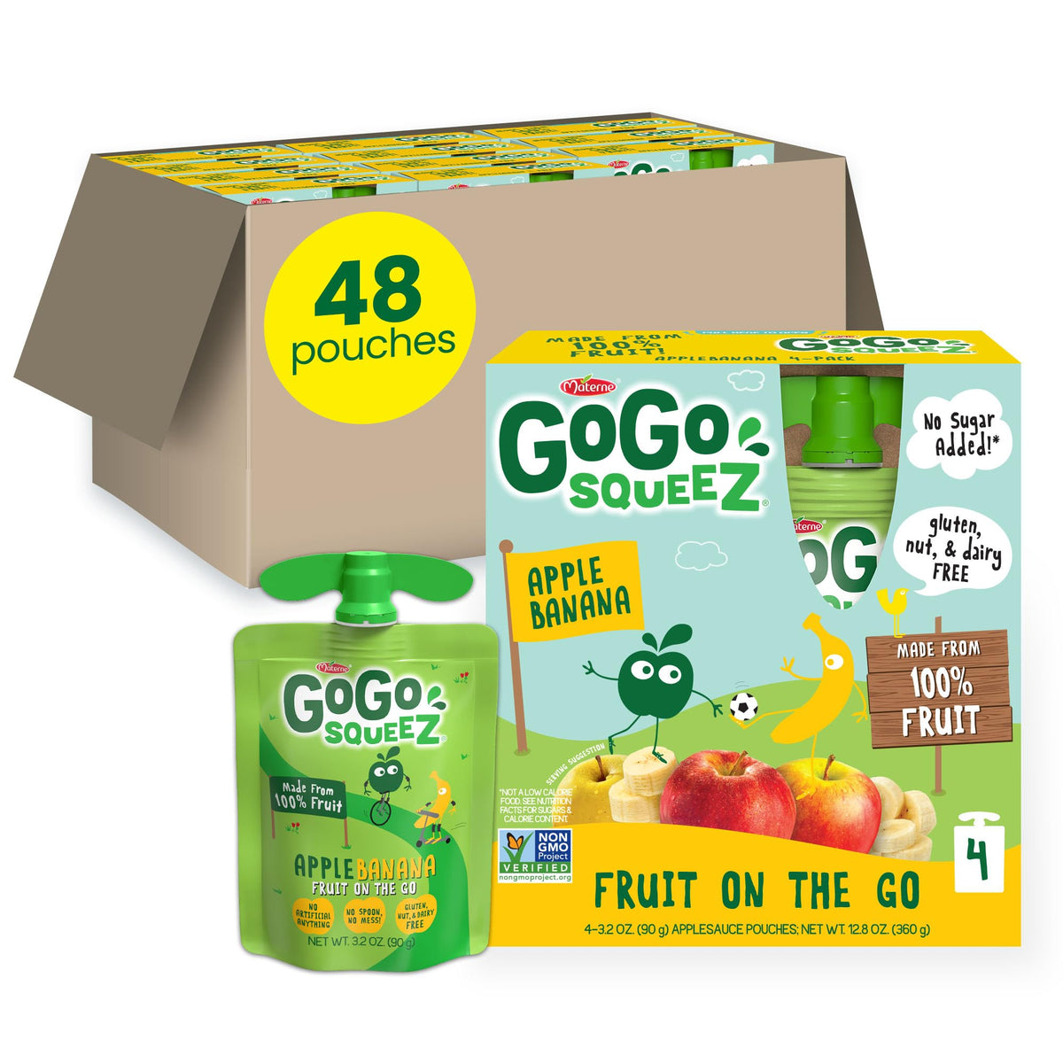 GoGo squeeZ front packaging showing apple banana pouches for quick snacks