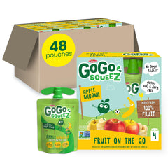 GoGo squeeZ front packaging showing apple banana pouches for quick snacks