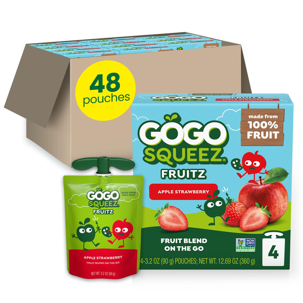 GoGo squeeZ front packaging showing apple strawberry pouches and convenience