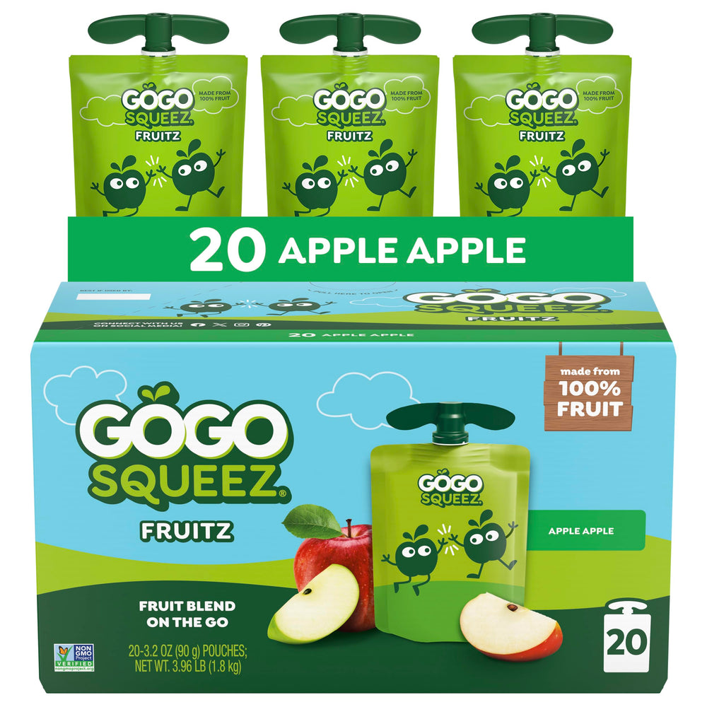GoGo SqueeZ front packaging showing apple pouch and benefits