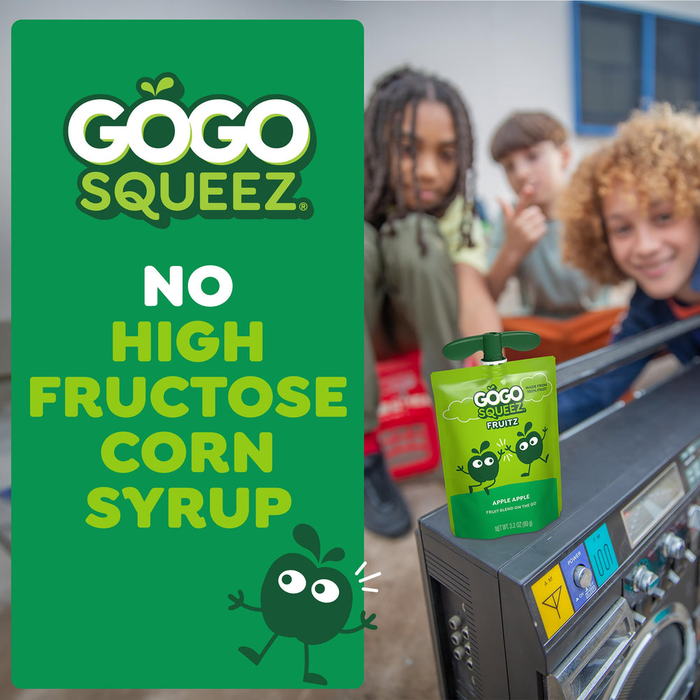 GoGo squeeZ portion size next to whole apple showing serving visual