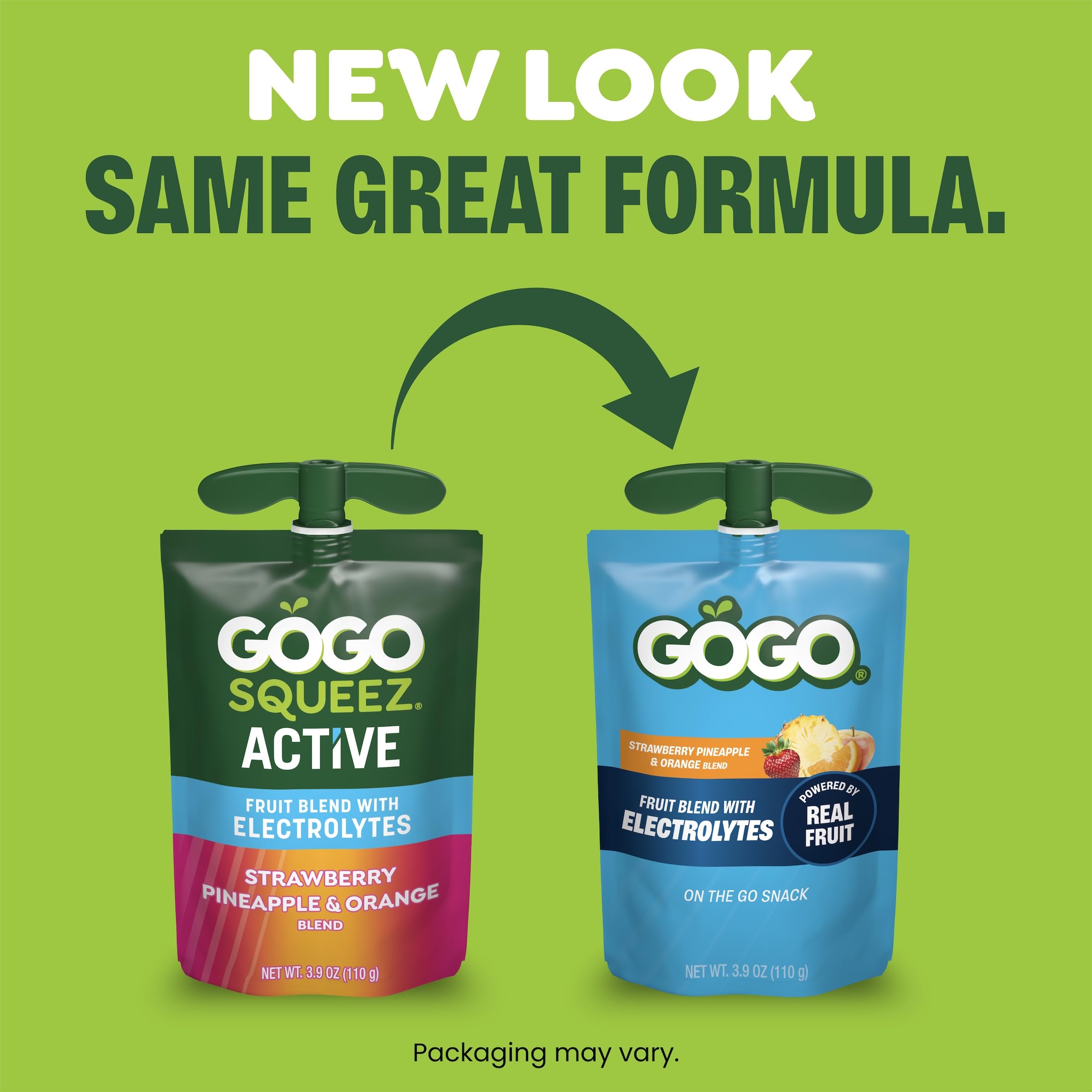 GoGo SqueeZ pouch closeup revealing fruit blend texture and real fruit benefit