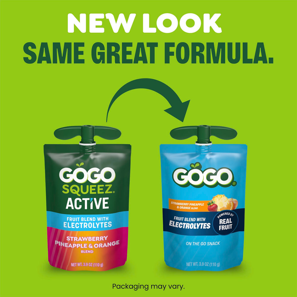 GoGo SqueeZ pouch closeup revealing fruit blend texture and real fruit benefit