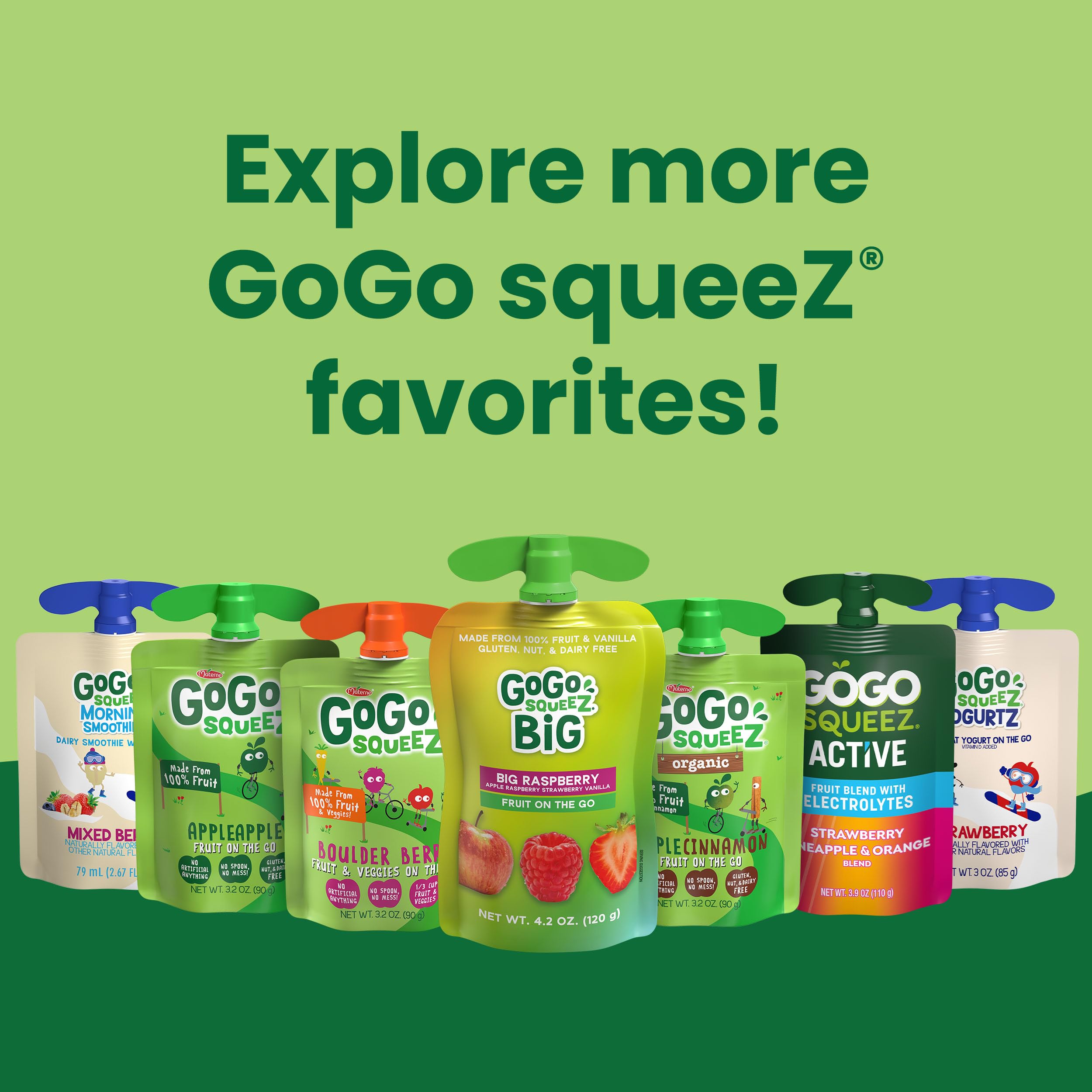 GoGo squeeZ pouch held in hand for scale and easy single-serve portioning