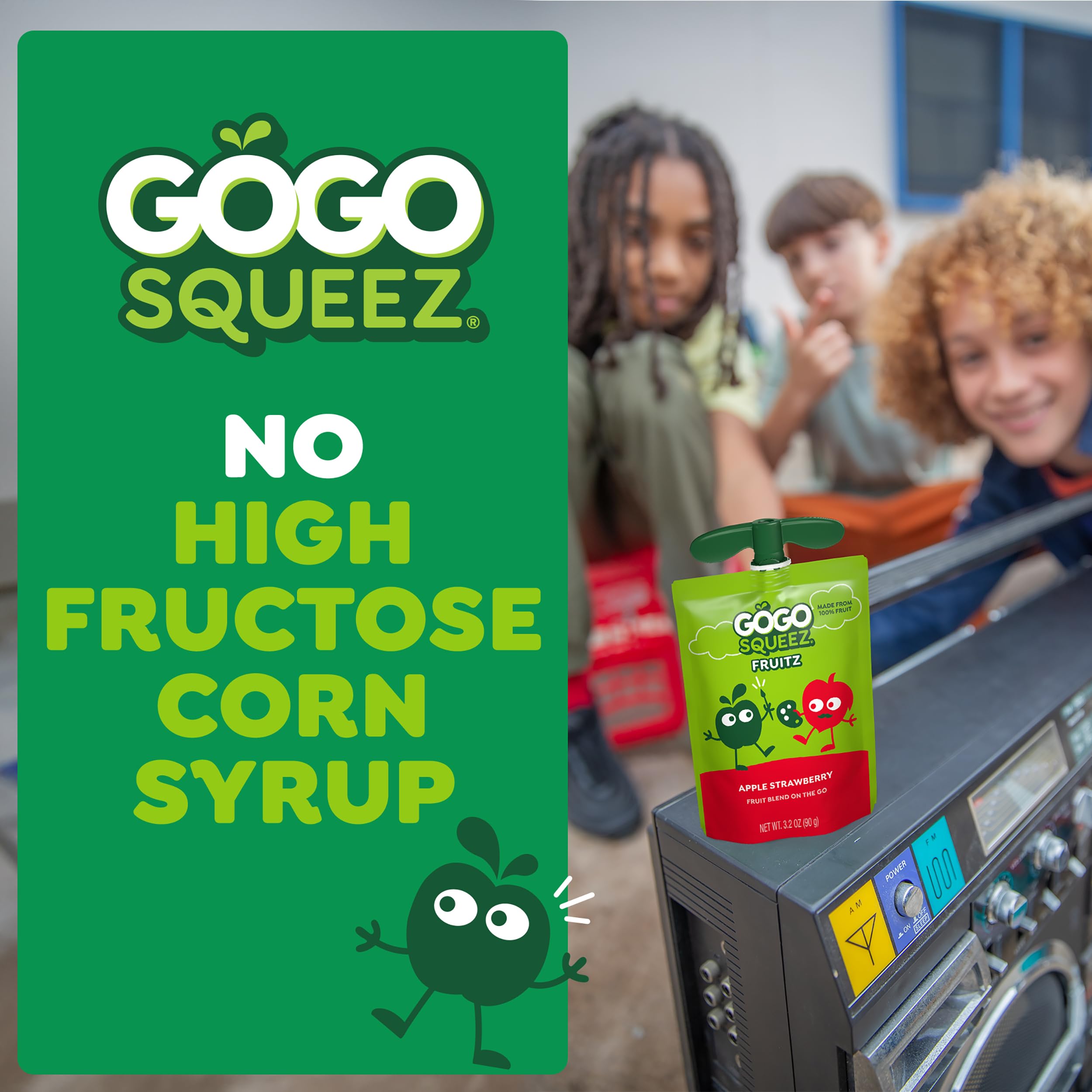 GoGo squeeZ pouch beside an apple showing compact single-serve size