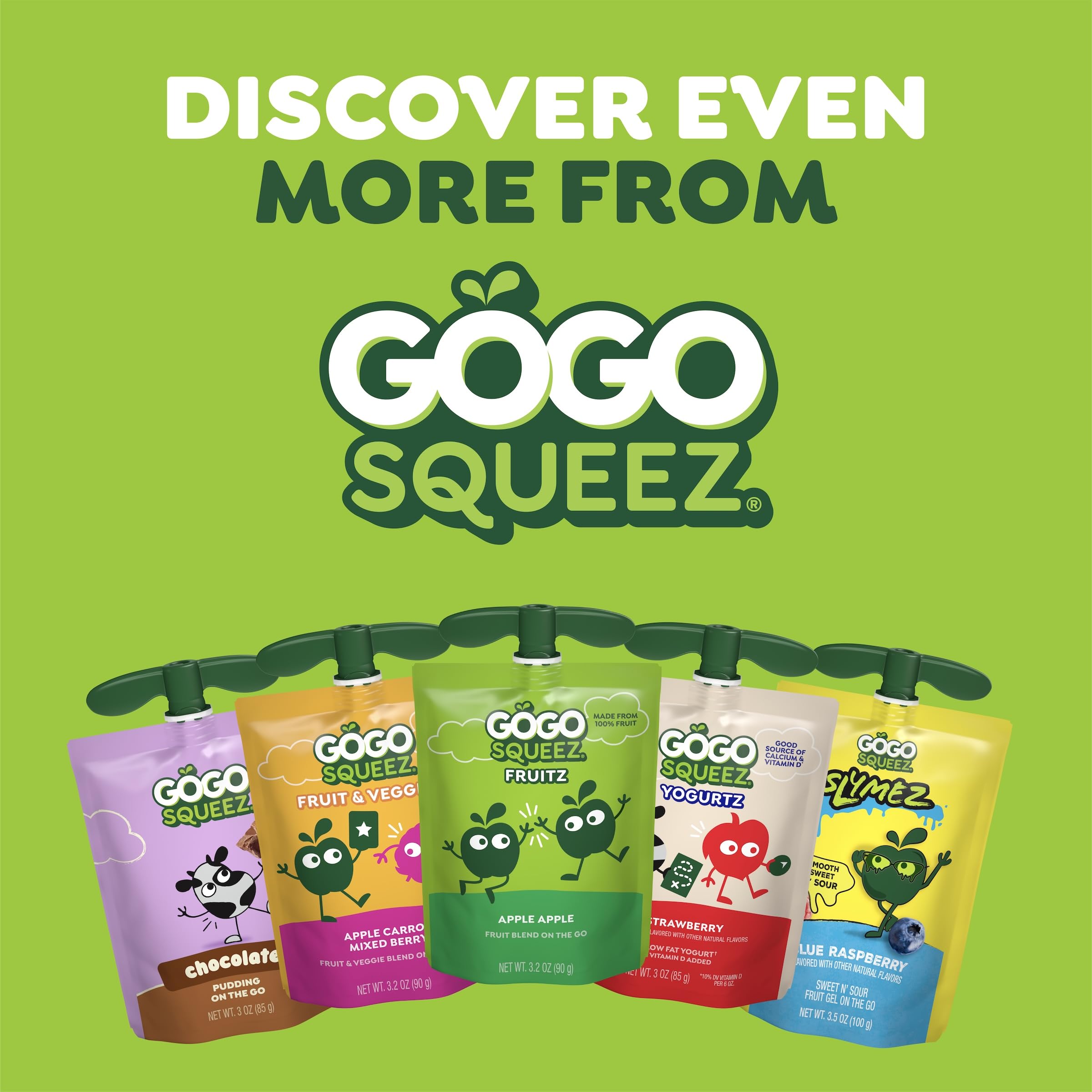 GoGo SqueeZ label and ingredients panel emphasizing real milk and fruit benefits