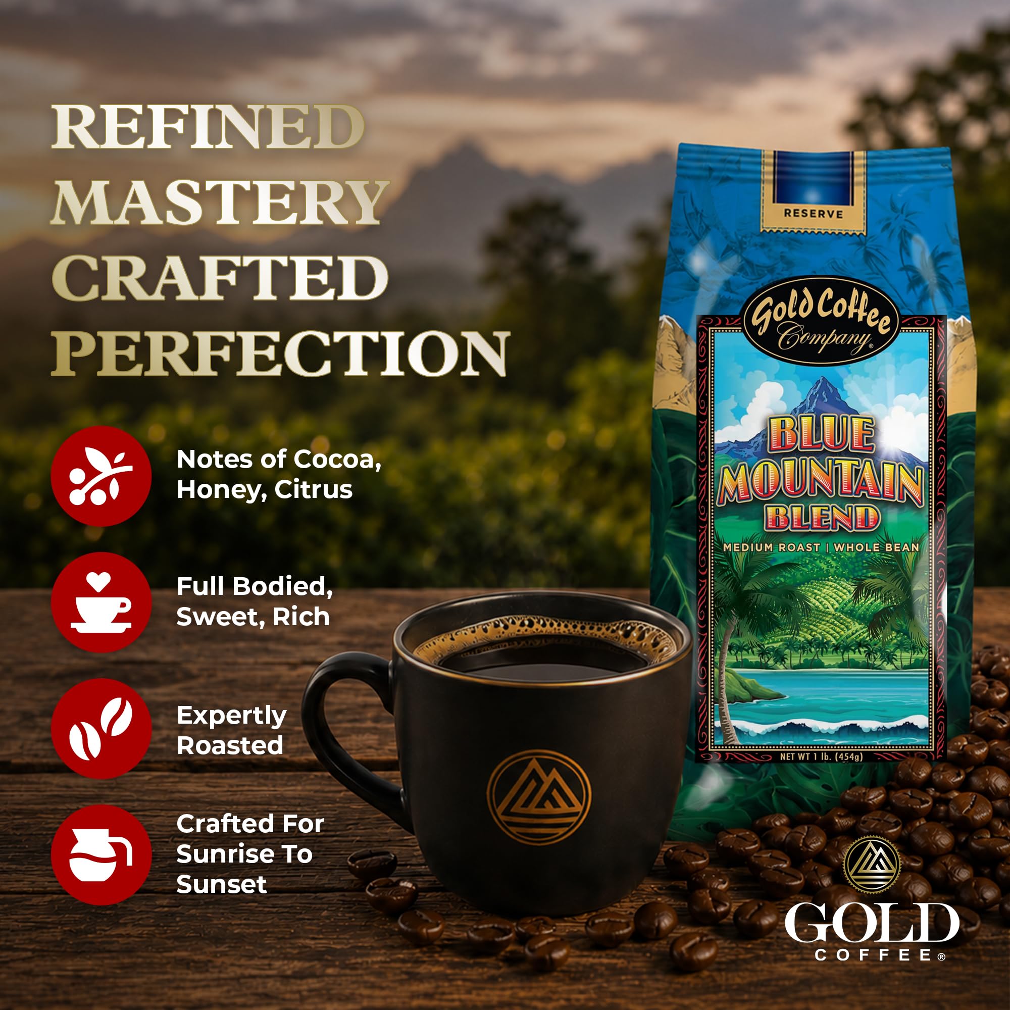 Gold Coffee Company whole beans close-up highlighting roast color and aroma