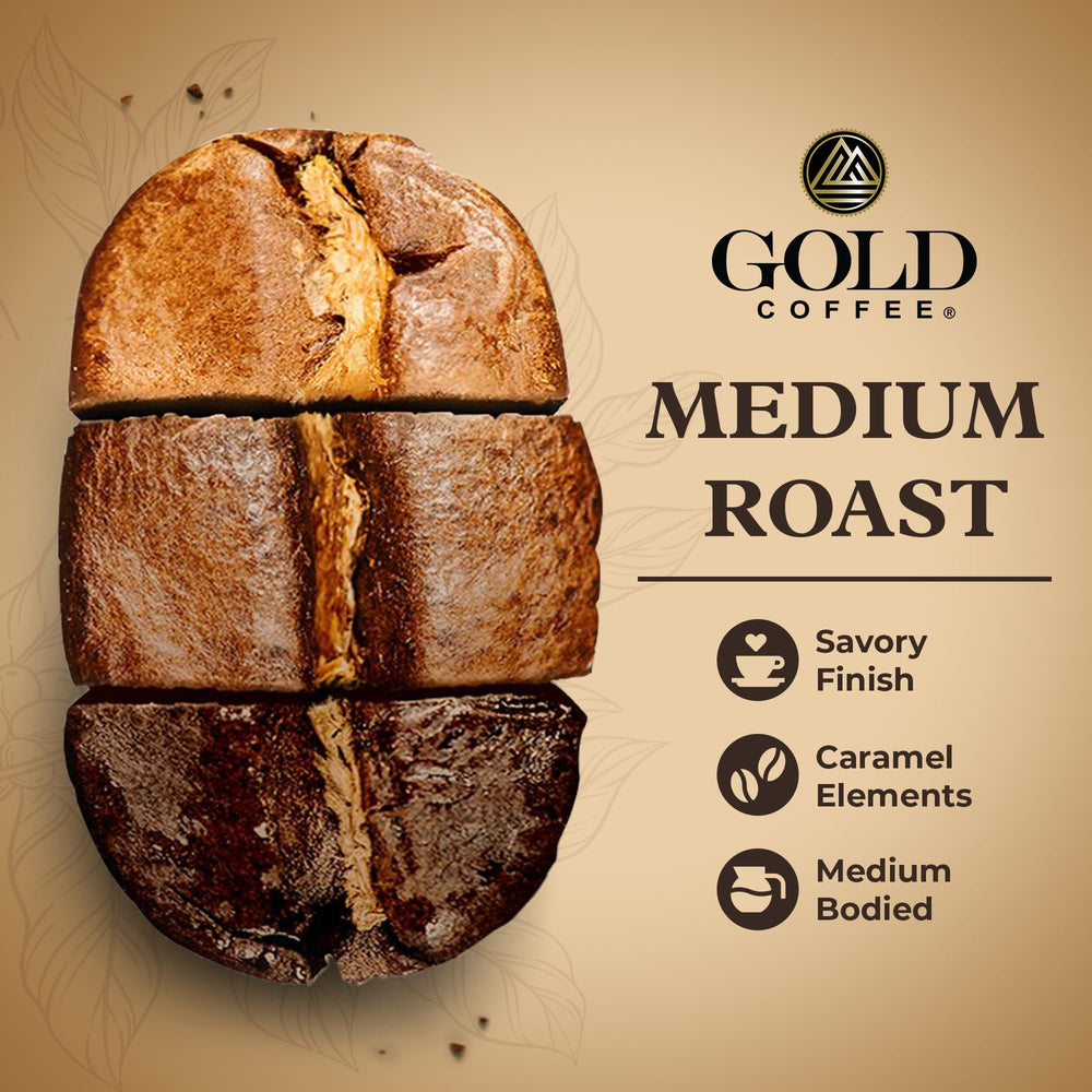 Gold Coffee Company brewed cup with caramel notes ideal for home enjoyment
