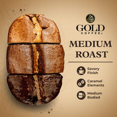 Gold Coffee Company brewed cup with caramel notes ideal for home enjoyment