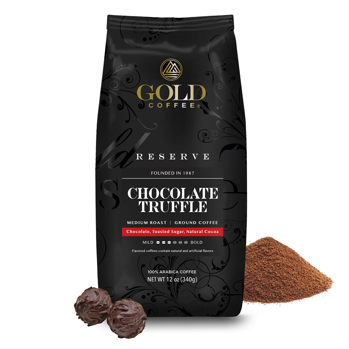 Gold Coffee Company front packaging showing Chocolate Truffle label and benefits