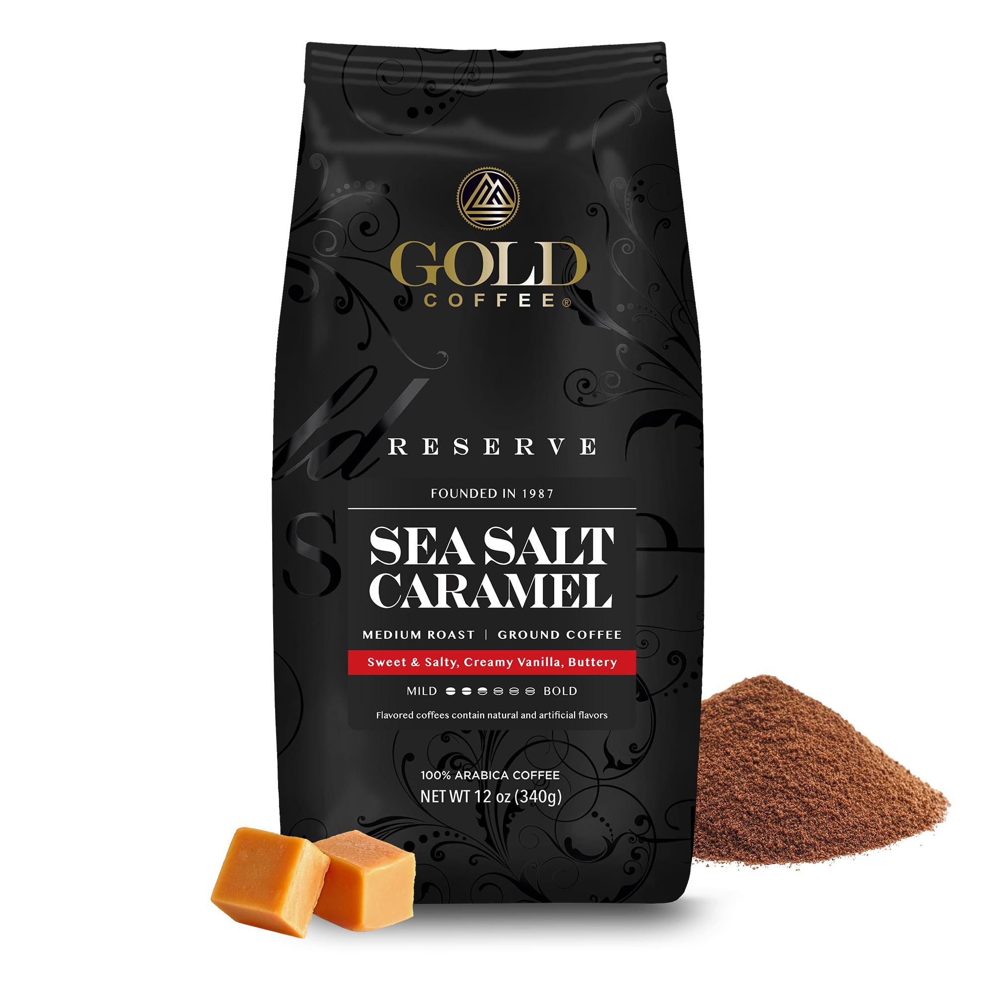 Gold Coffee Company front packaging showing 12 oz bag and flavor name benefits