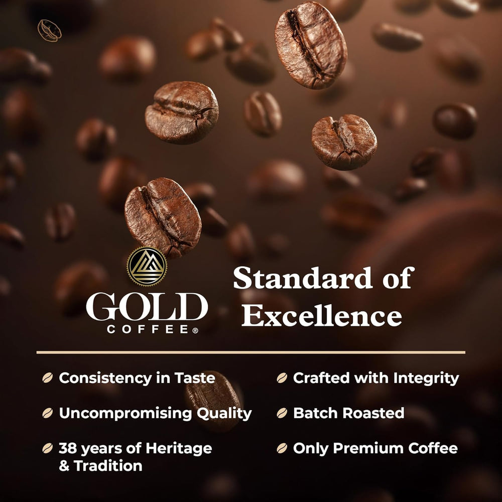 Gold Coffee Company bag next to measuring scoop showing size and label