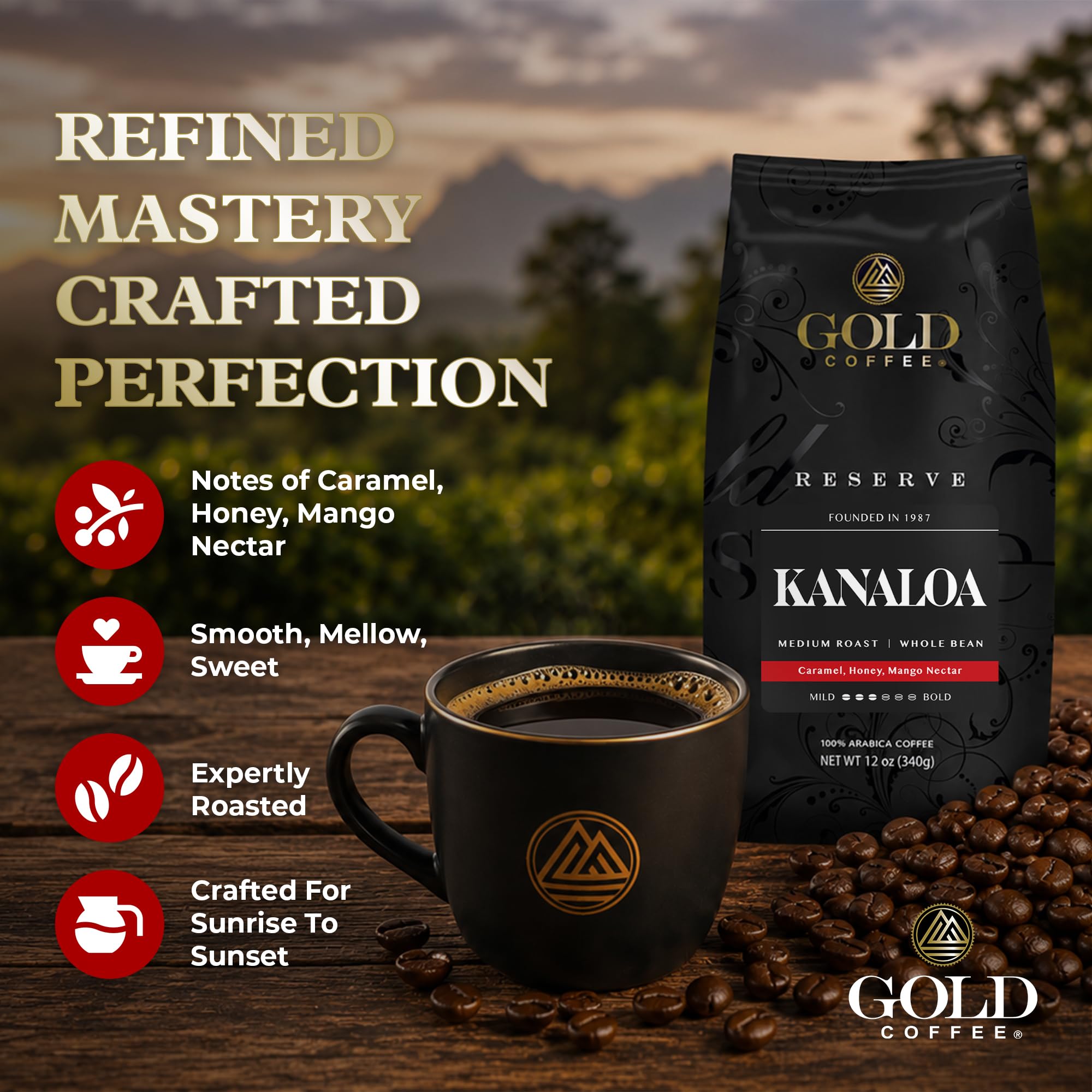Gold Coffee Company whole-bean close-up highlighting roast color and aroma preservation benefit