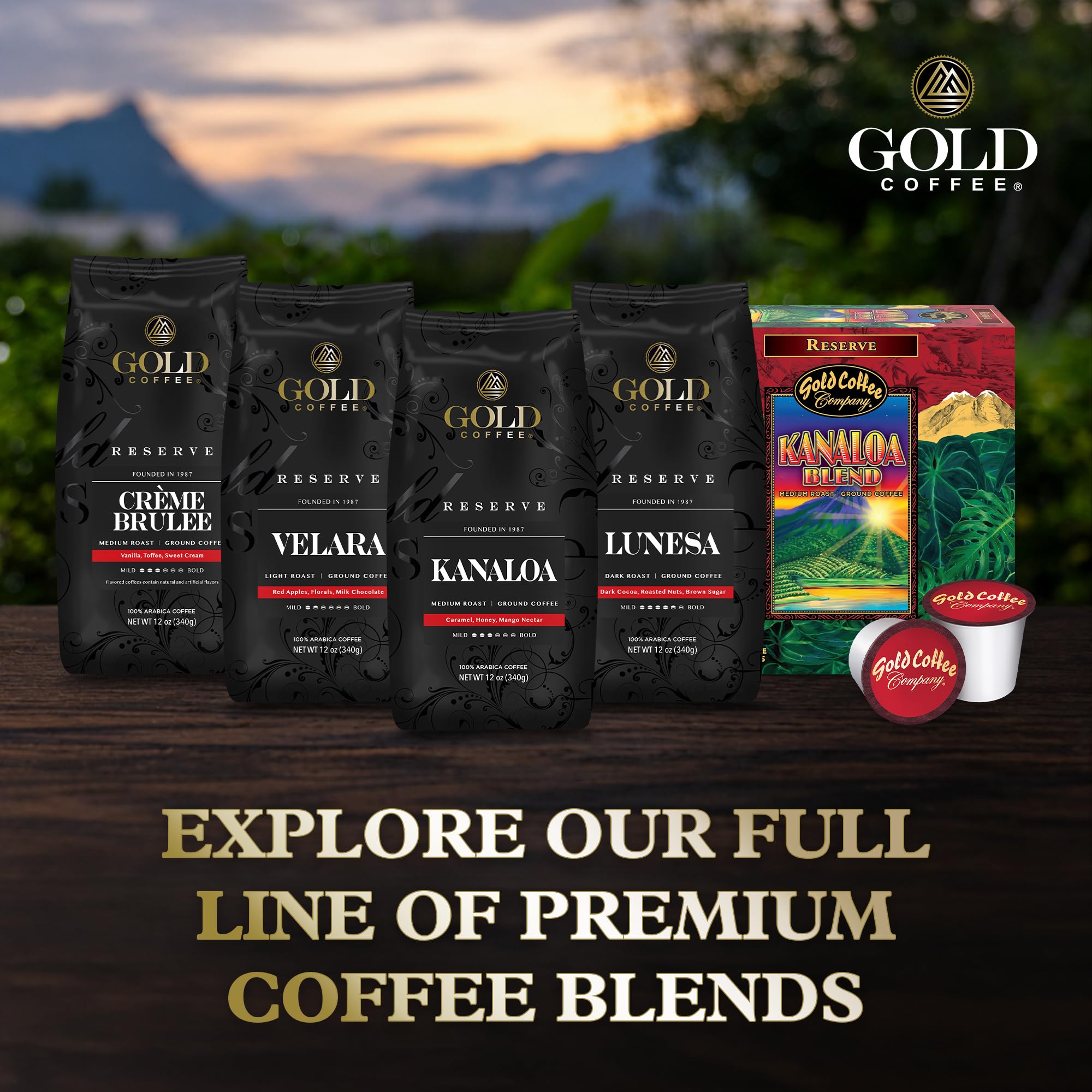 Gold Coffee Company Kanaloa on kitchen counter with cup showing everyday enjoyment benefit