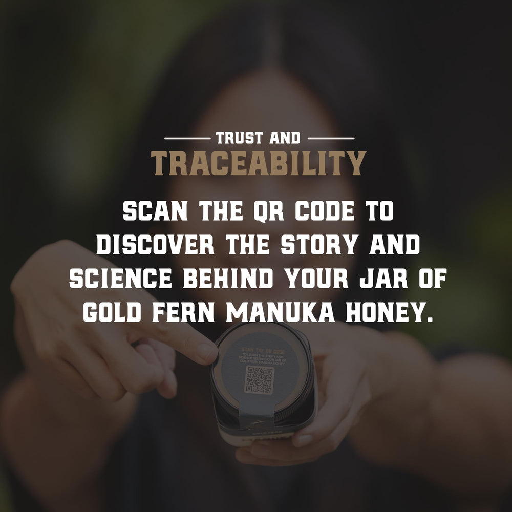 Gold Fern Honey traceability graphic linking hive to hand for provenance