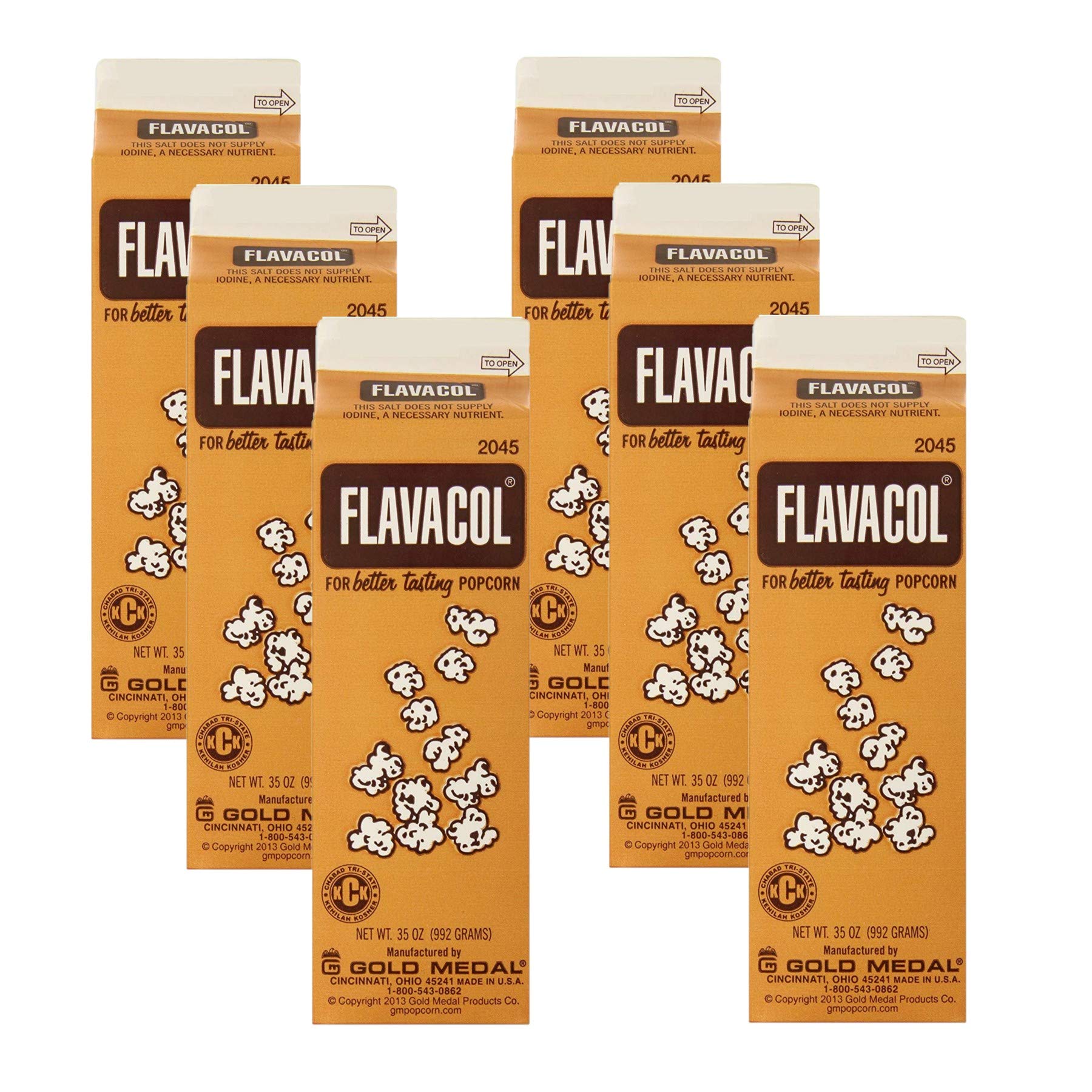 Gold Medal Flavacol front packaging shows 35 oz carton and clear benefit of theater flavor