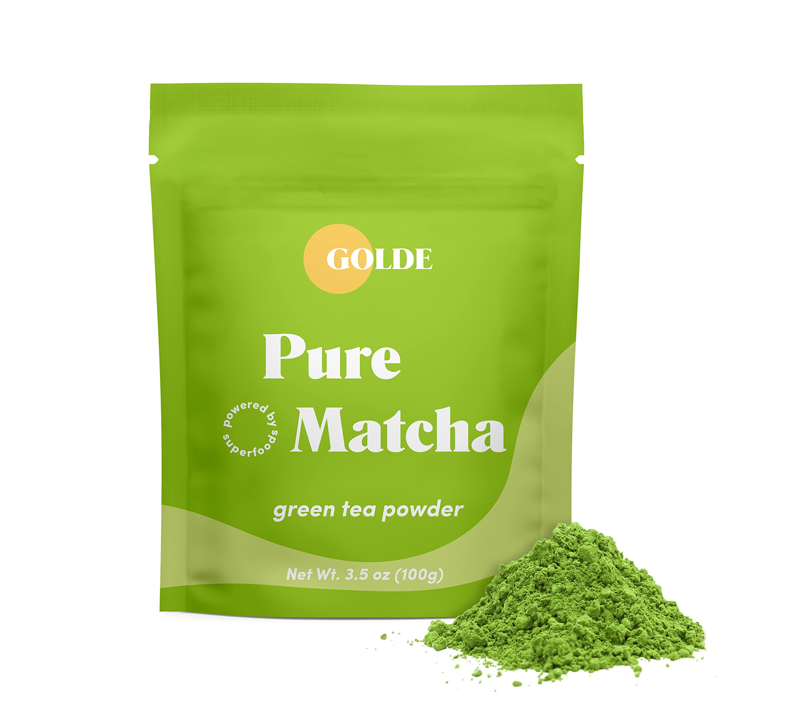 GOLDE front pouch showing vibrant matcha powder and branding for fresh energy