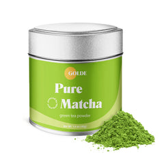 GOLDE tin front view showing Pure Matcha packaging and clear branding benefit freshness