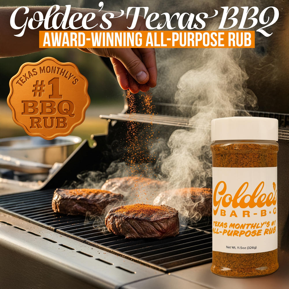 Goldee's Bar-B-Q open jar showing coarse texture and easy scooping for even seasoning