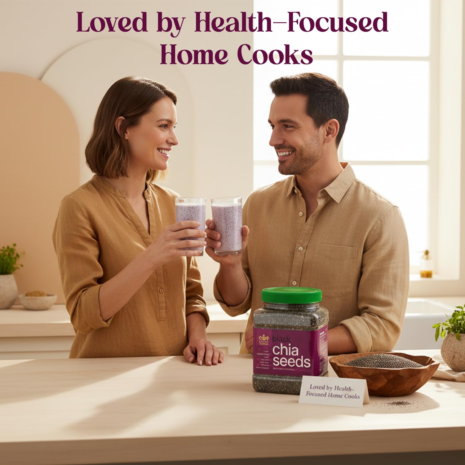 Golden chia jar beside measuring cup demonstrating 24oz scale and serving size