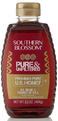 Golden Blossom bottle front view showing 32 oz unfiltered honey and natural color