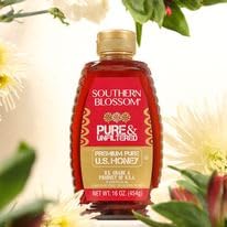 Golden Blossom label close-up showing product details and U.S. honey blend