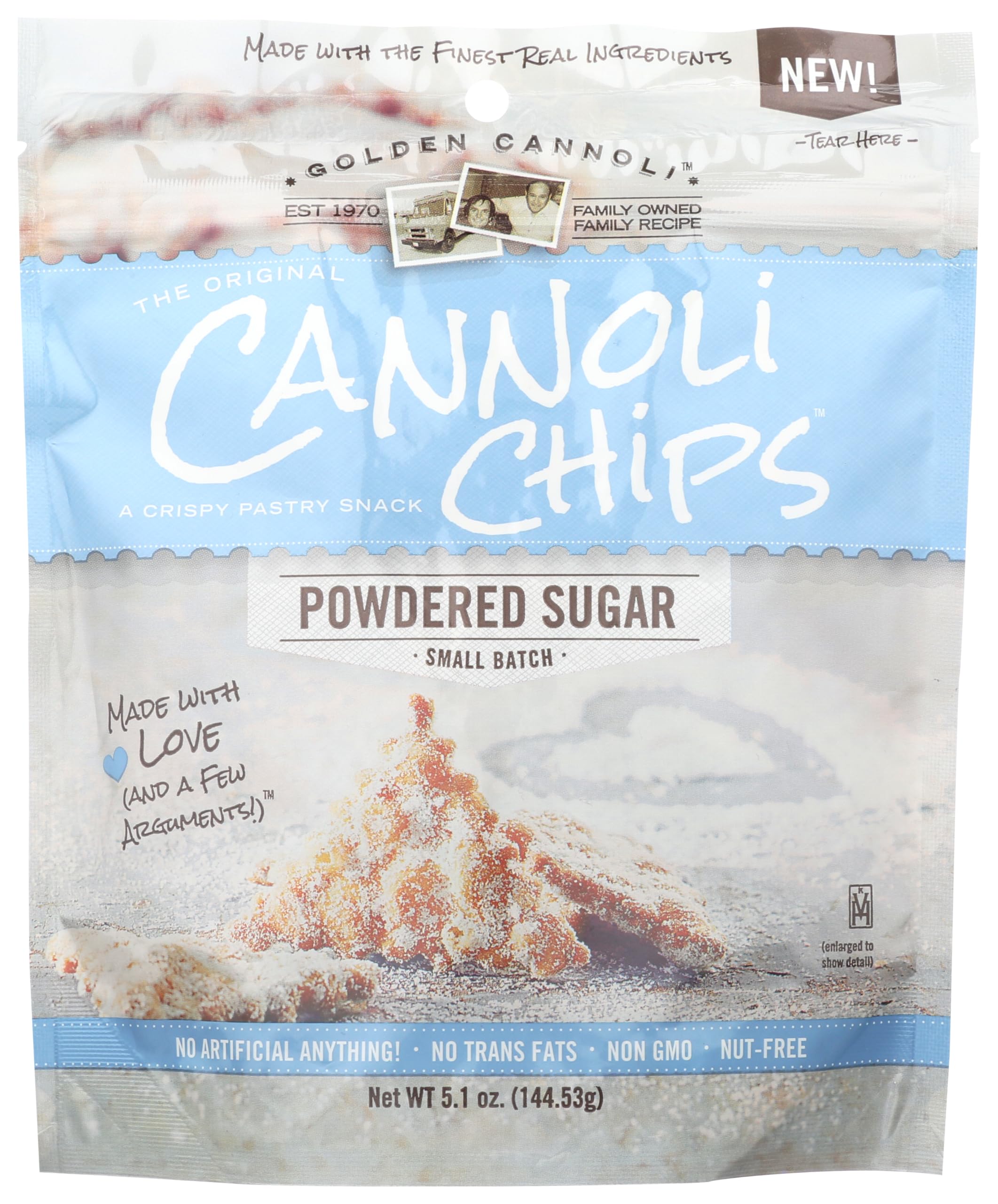 GOLDEN CANNOLI front packaging showing powdered sugar chips and serving suggestion