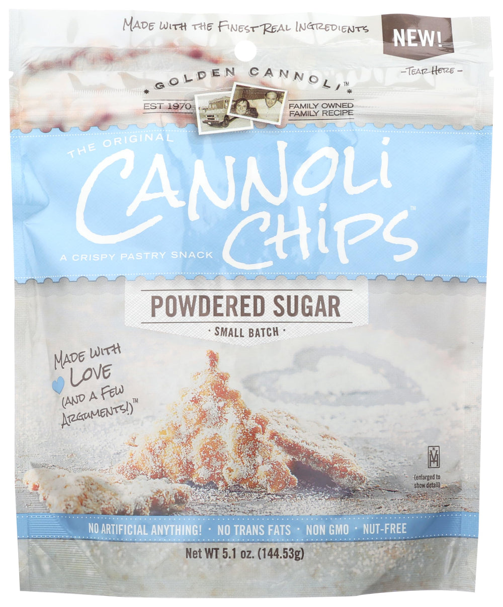 GOLDEN CANNOLI front packaging showing powdered sugar chips and serving suggestion
