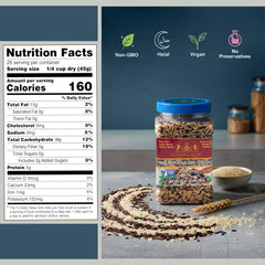 Golden brand close-up of raw mixed grains showing color and texture benefits