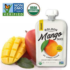 Golden Farms close-up of mango purée texture, showing natural smoothness and fiber