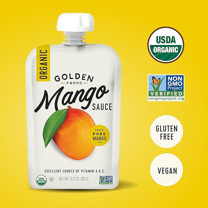 Golden Farms open pouch being squeezed, quick mess-free fruit serving on the go