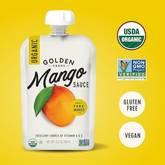 Golden Farms open pouch being squeezed, quick mess-free fruit serving on the go