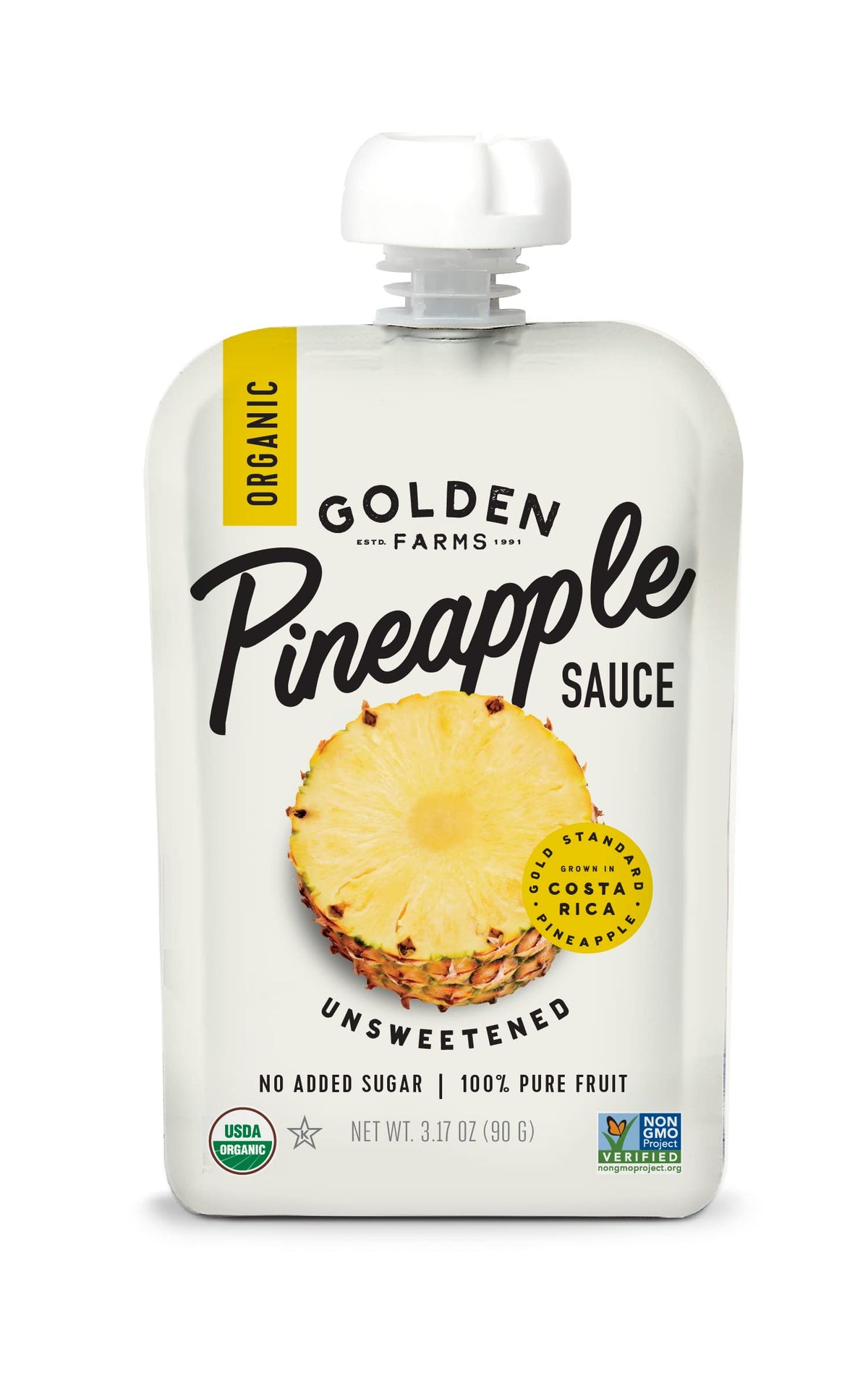 Golden Farms front packaging showing organic pineapple pouch and convenience