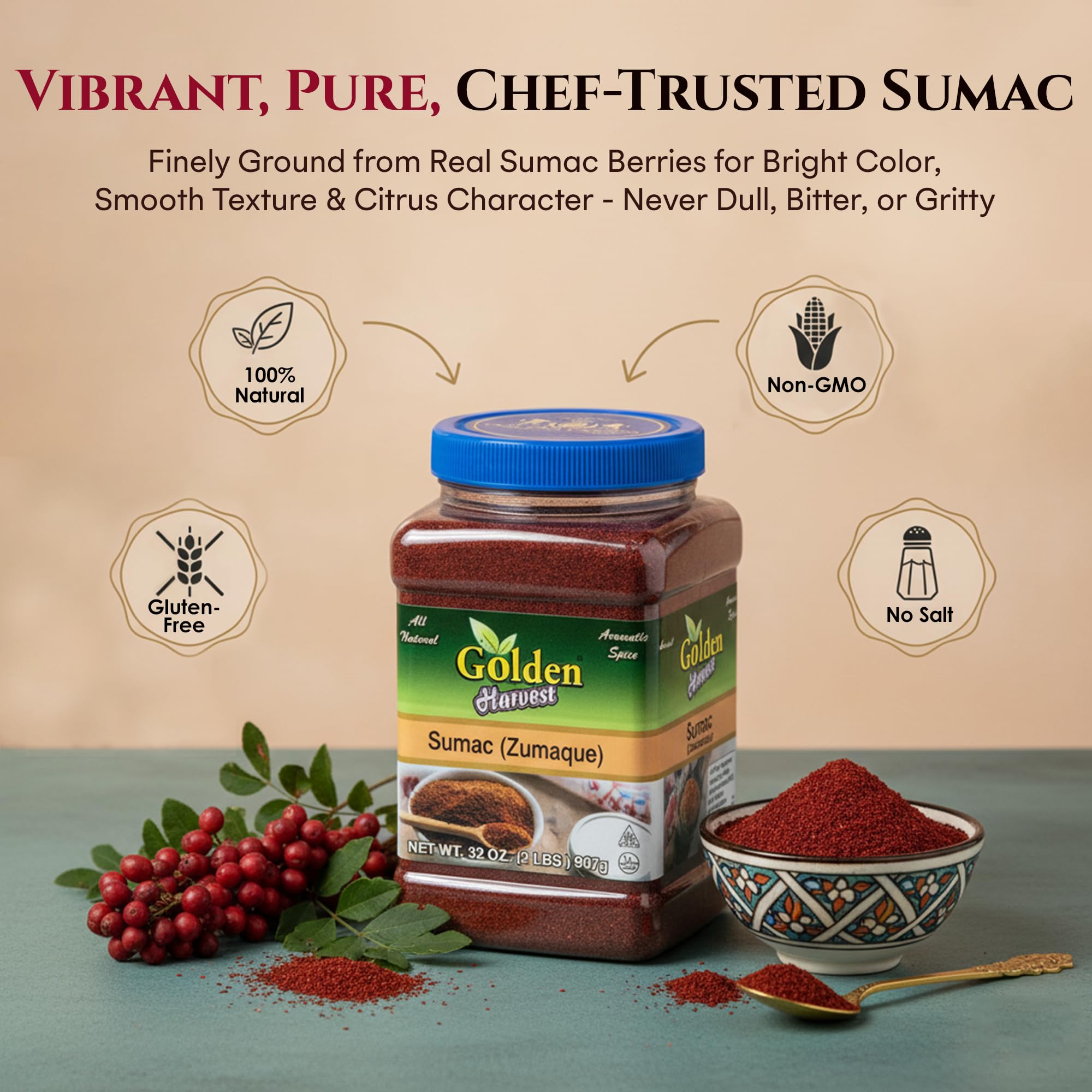 Two-pound bag of Golden sumac beside a ruler showing scale and value for frequent cooks