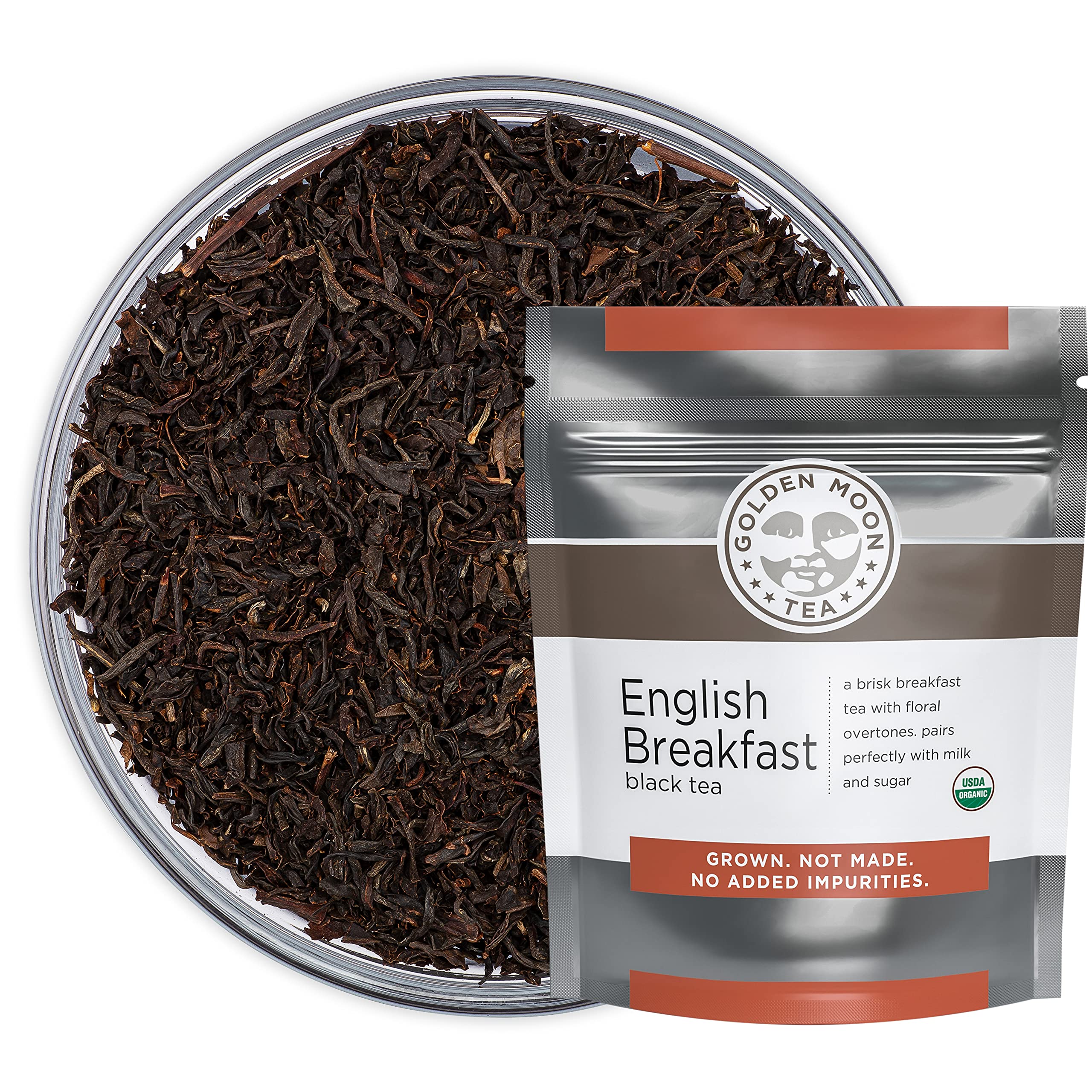 Golden Moon Tea front pouch showing organic label and net weight benefits