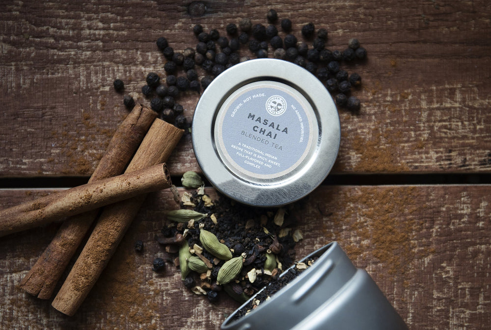 Golden Moon Tea label ingredient closeup showing organic sourcing details