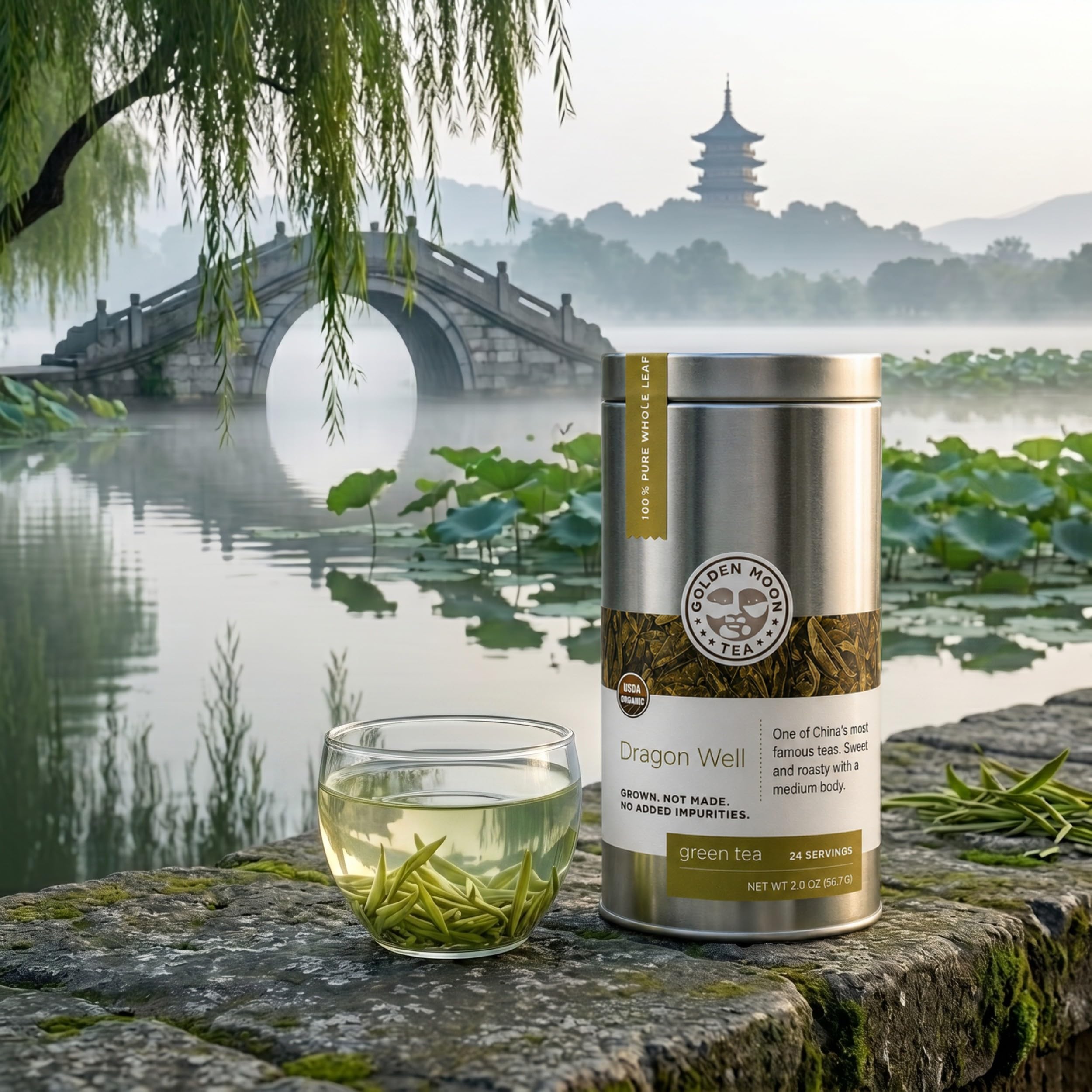 Golden Moon Tea loose leaf top view displaying vibrant emerald leaves and purity