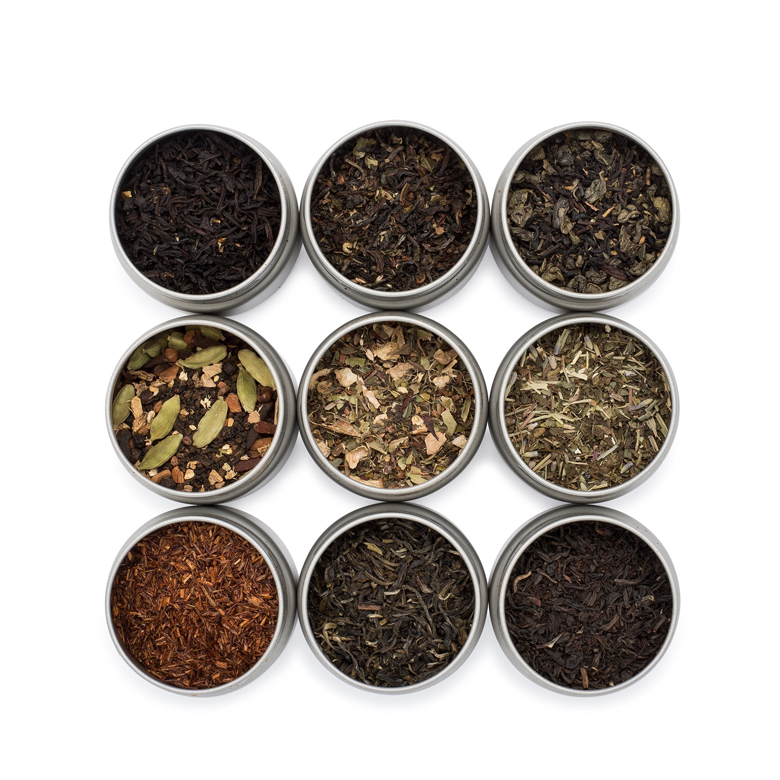 Golden Moon Tea front packaging showing nine resealable tins and variety