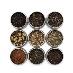 Golden Moon Tea front packaging showing nine resealable tins and variety