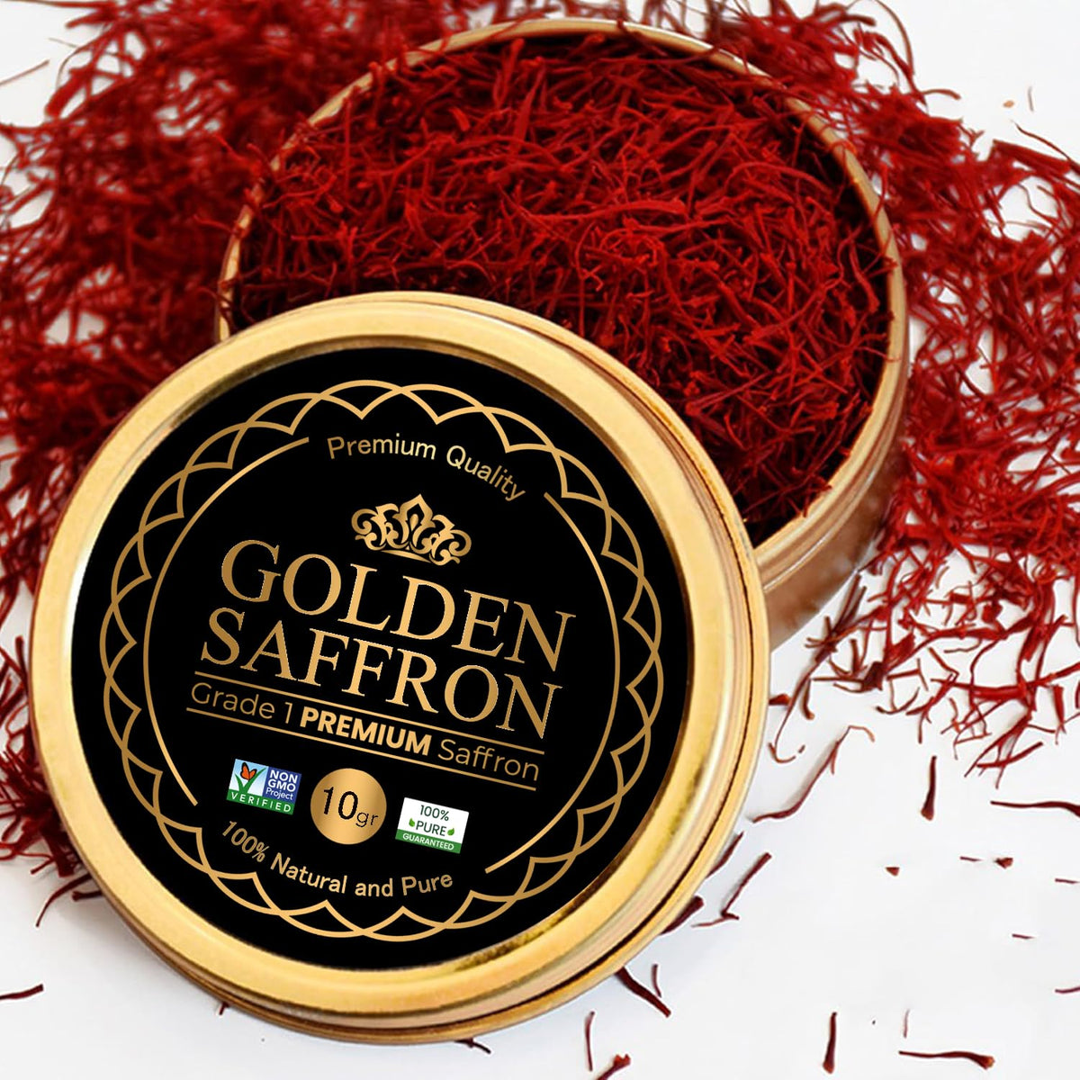 Golden Saffron front tin showing premium all-red threads and label for authenticity