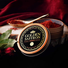 Golden Saffron threads steeping in warm cup to release color and aroma