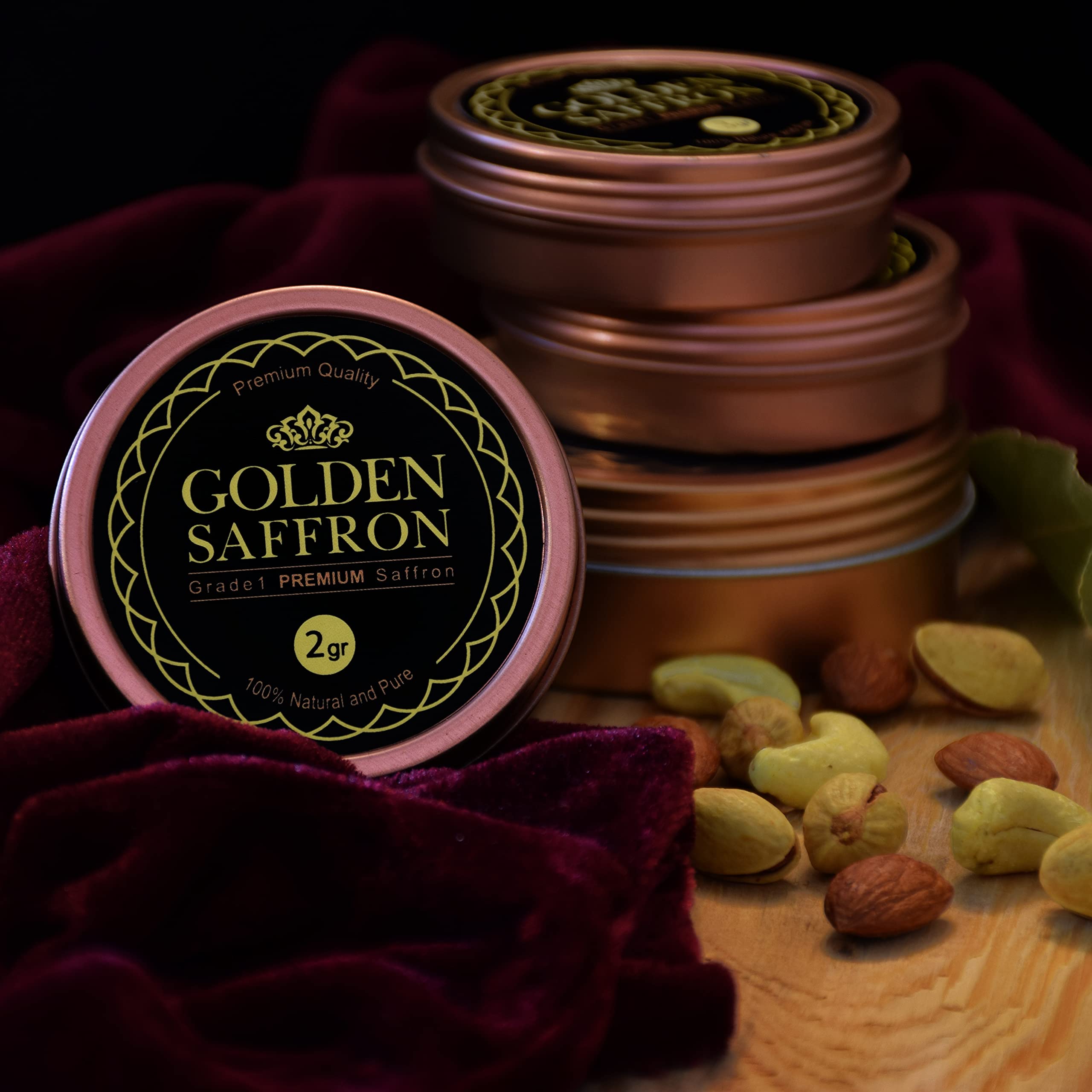 Tin label and lab certificates for Golden Saffron demonstrating tested purity