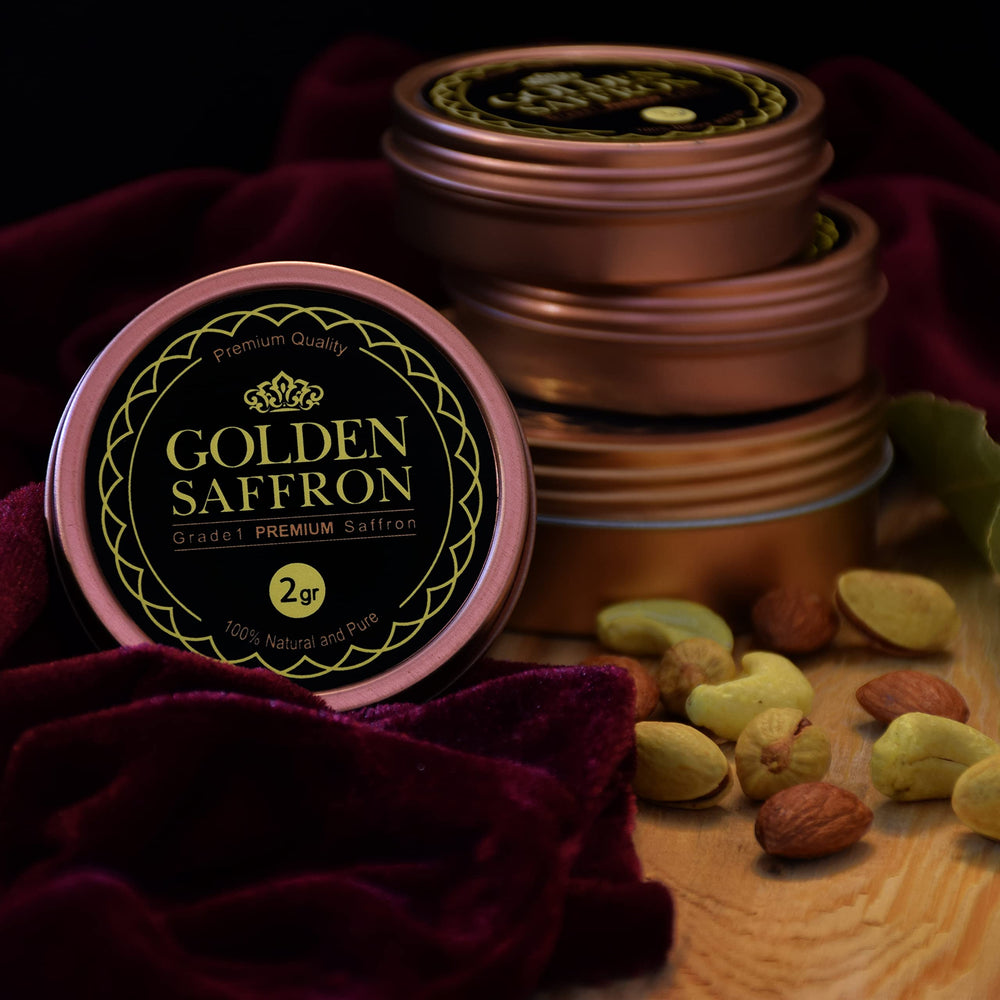 Tin label and lab certificates for Golden Saffron demonstrating tested purity