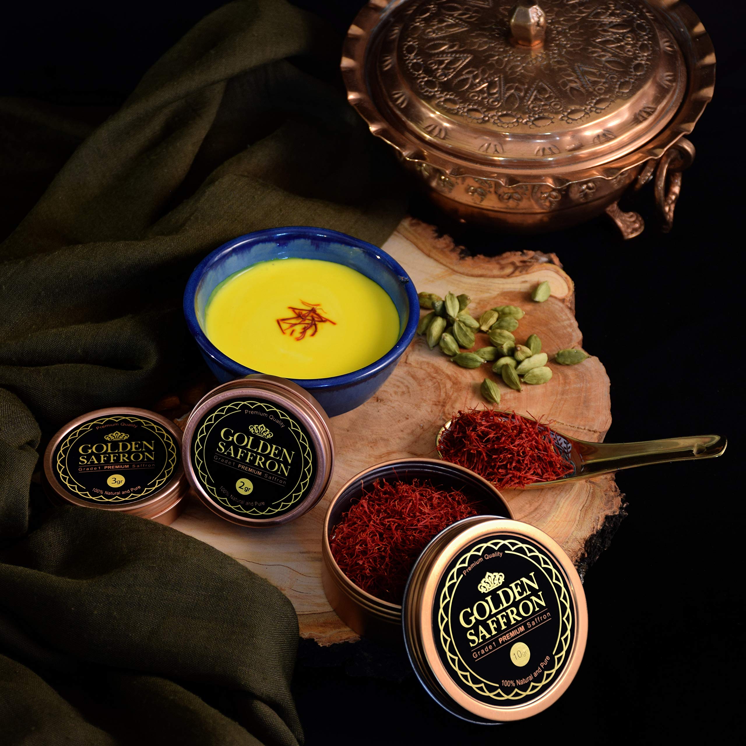 Golden Saffron open tin revealing neat handpicked threads preserved for freshness