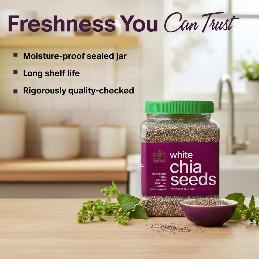 Golden chia sprinkled on muffin showing baking integration and visual appeal