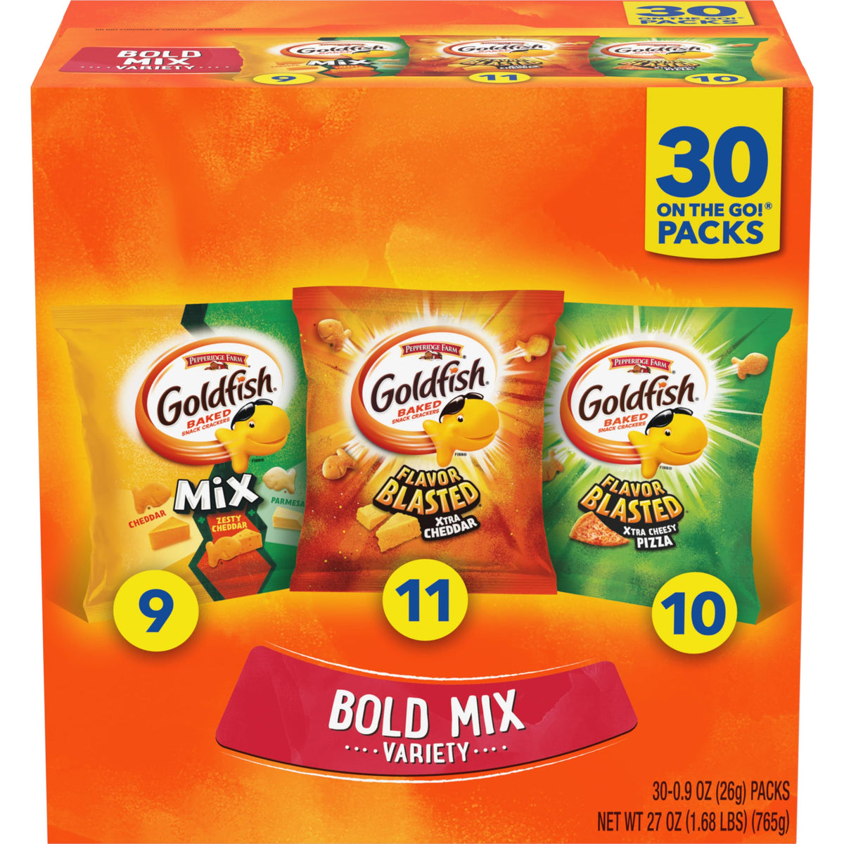 Goldfish bold mix front box showing 30 snack packs and bold branding for quick identification